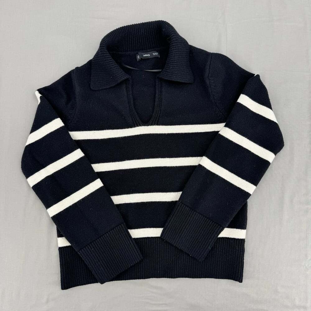 MNG Striped Collared V-Neck Sweater Black White Size XS